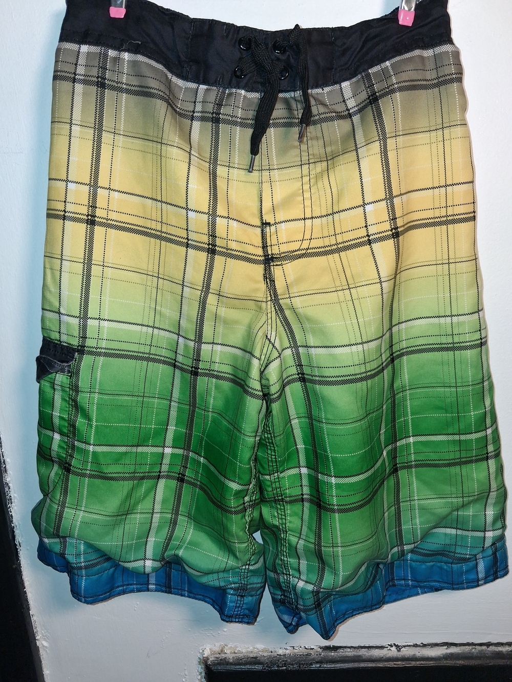 Boys Gradient Plaid Swim Trunks in Yellow-Green by Wave Zone